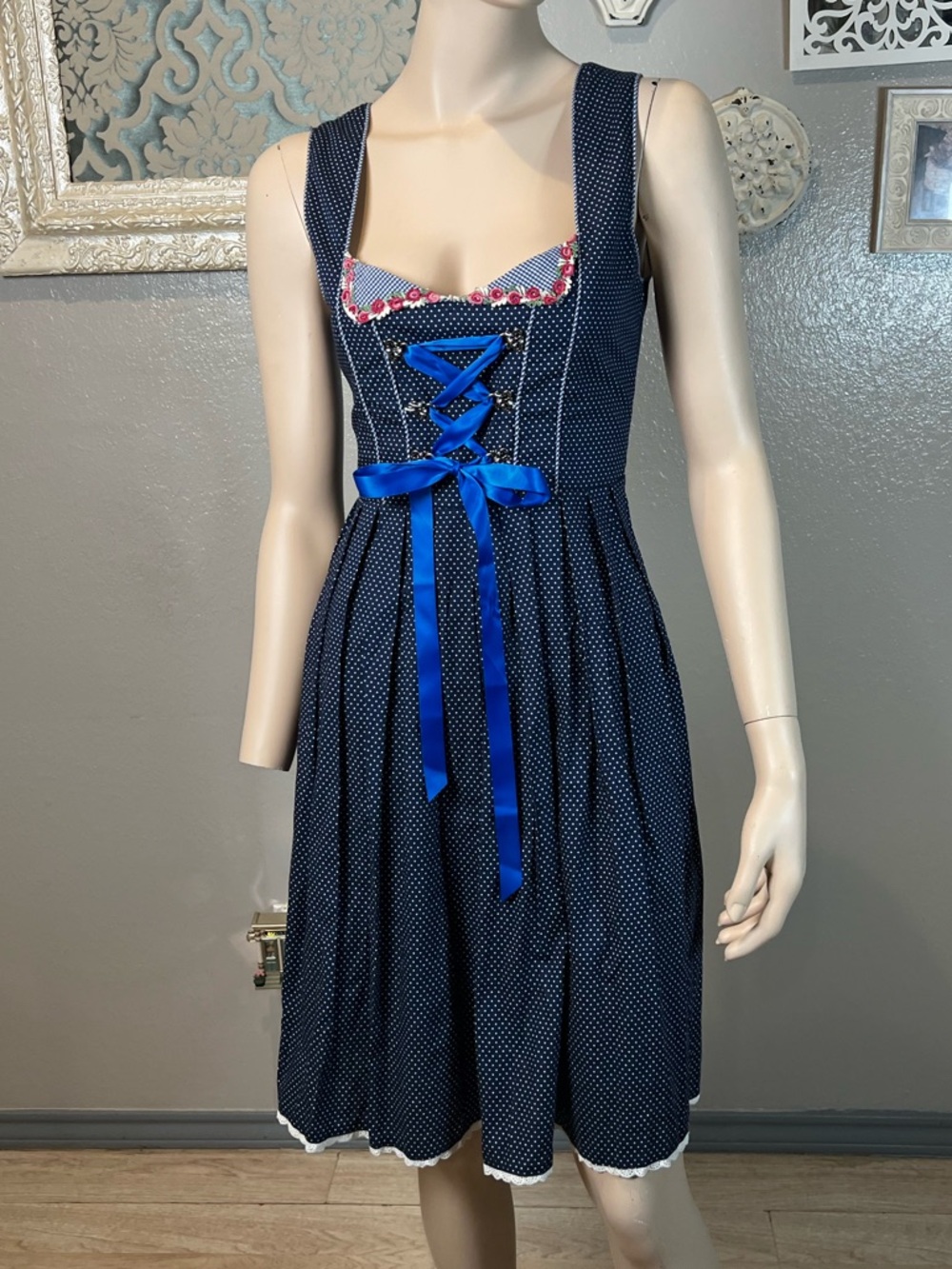 Navy Polka Dot Bavarian-Style Dress with Blue Ribbon